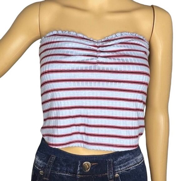 Abercrombie And Fitch Striped Ruffled Tube Top Blue Red and Black Size Medium - Picture 1 of 10